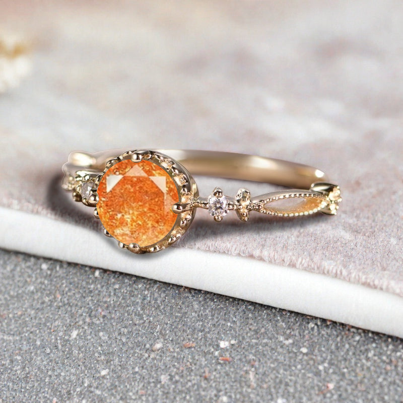 Round Shaped Sunstone Engagement Ring Vintage Gemstone Ring Unique Cluster Ring Rose Gold Ring Promise Wedding Bridal Ring Women