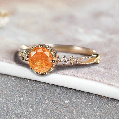 Round Shaped Sunstone Engagement Ring Vintage Gemstone Ring Unique Cluster Ring Rose Gold Ring Promise Wedding Bridal Ring Women