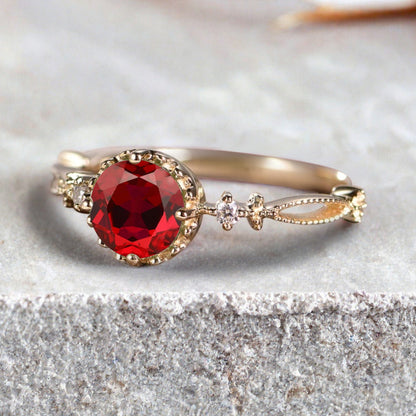 Round Shaped Ruby Engagement Ring Vintage Gemstone July Birthstone Ring Unique Cluster Ring Rose Gold Ring Promise Wedding Bridal Ring Women
