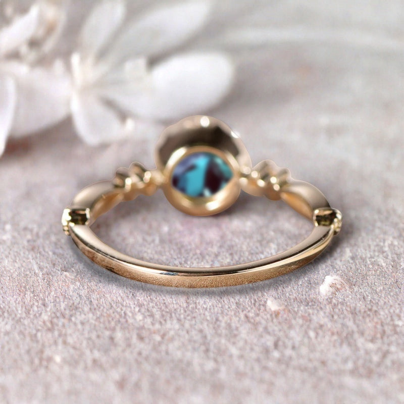 Round Shaped Aquamarine Engagement Ring Vintage Gemstone Ring Unique Cluster Ring Rose Gold Ring Promise Wedding Bridal Ring Women