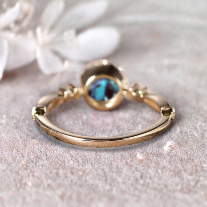 Round Shaped Aquamarine Engagement Ring Vintage Gemstone Ring Unique Cluster Ring Rose Gold Ring Promise Wedding Bridal Ring Women