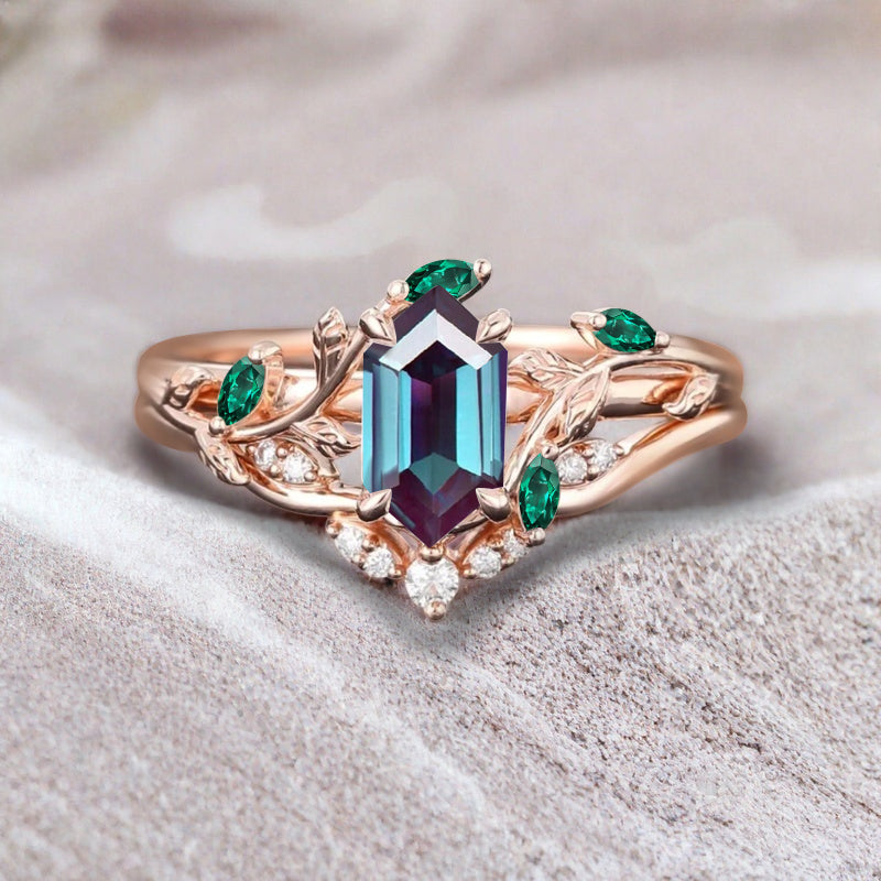 18k Solid Gold Alexandrite Ring Set, Nature Leaf Solitaire Ring Blue-Purple Healing Gemstone Ring Set, Everyday Wear Thin Ring Promise Ring For Women