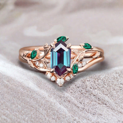 18k Solid Gold Alexandrite Ring Set, Nature Leaf Solitaire Ring Blue-Purple Healing Gemstone Ring Set, Everyday Wear Thin Ring Promise Ring For Women