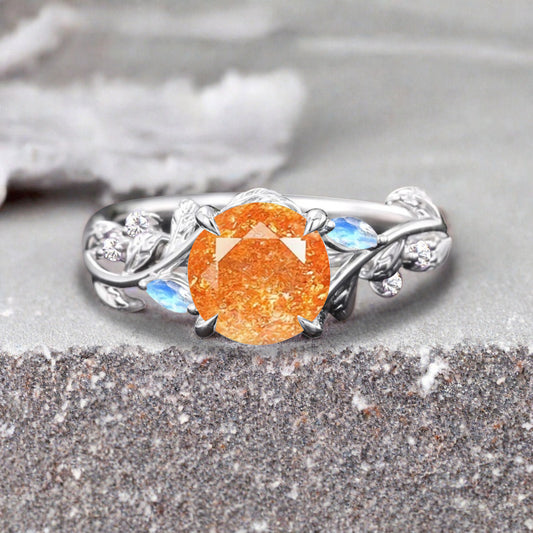 Round cut Orange Sunstone ring Vintage White gold Leaf engagement ring Marquise cut Moonstone ring Nature inspired Twig ring Gift