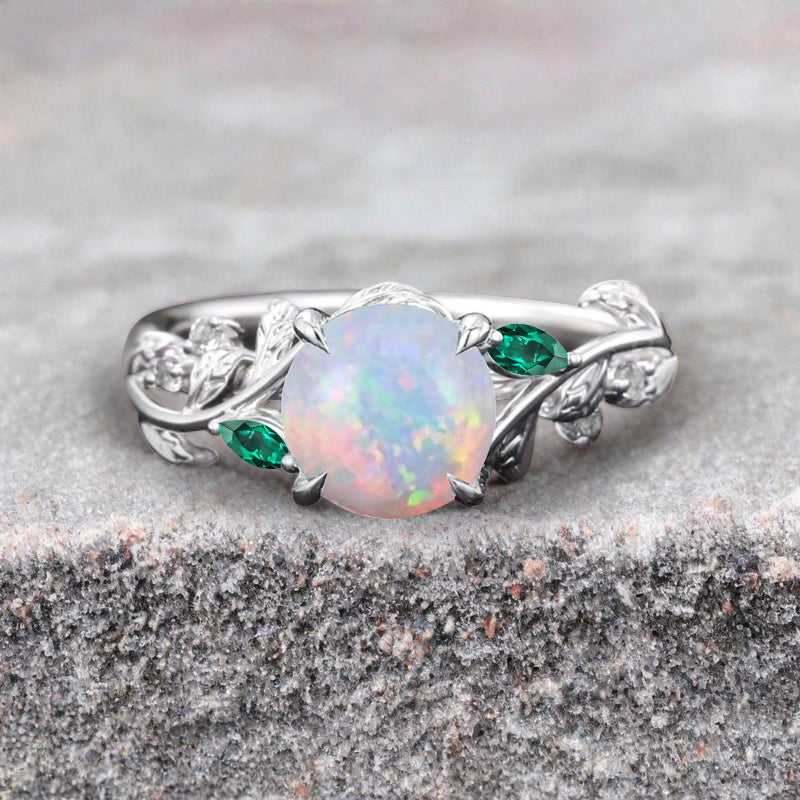Round cut Pink Opal ring Vintage White gold Leaf engagement ring Marquise cut Emerald ring Nature inspired Twig ring Gift