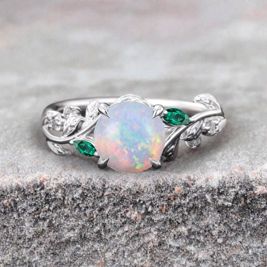 Round cut Pink Opal ring Vintage White gold Leaf engagement ring Marquise cut Emerald ring Nature inspired Twig ring Gift