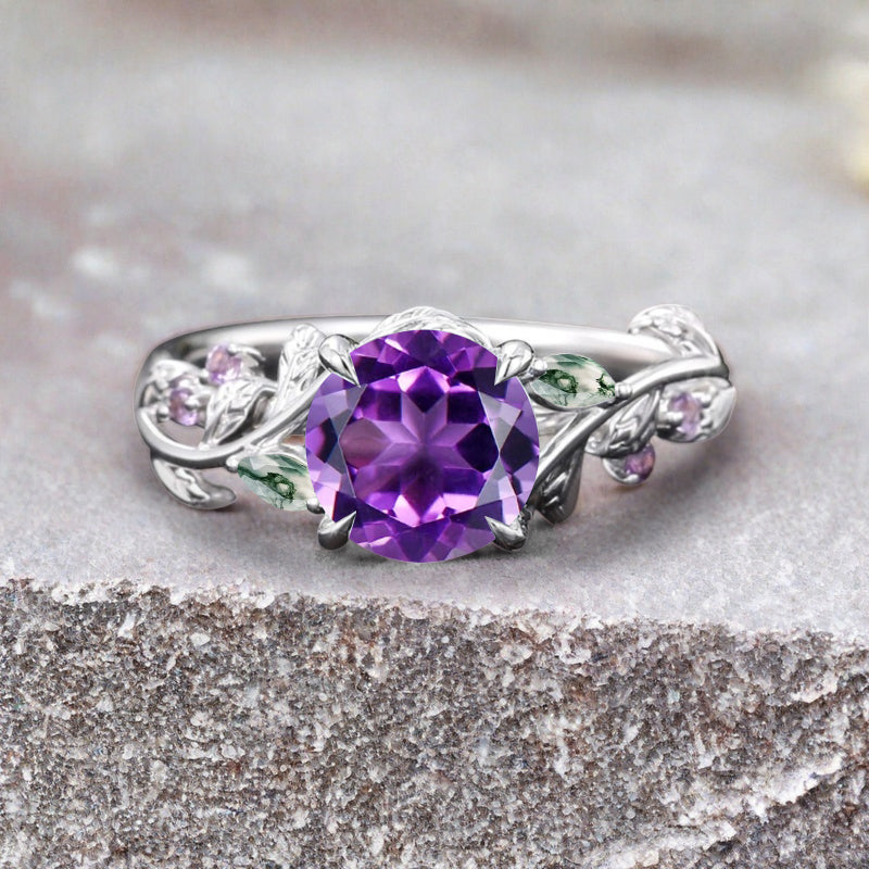 Round cut Purple Amethyst ring Vintage White gold Leaf engagement ring Marquise cut Moss Agate ring Nature inspired Twig ring Gift