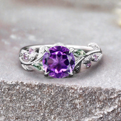 Round cut Purple Amethyst ring Vintage White gold Leaf engagement ring Marquise cut Moss Agate ring Nature inspired Twig ring Gift