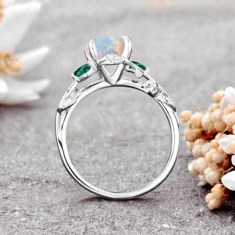 Round cut Pink Opal ring Vintage White gold Leaf engagement ring Marquise cut Emerald ring Nature inspired Twig ring Gift