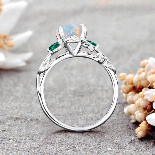 Round cut Pink Opal ring Vintage White gold Leaf engagement ring Marquise cut Emerald ring Nature inspired Twig ring Gift