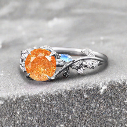 Round cut Orange Sunstone ring Vintage White gold Leaf engagement ring Marquise cut Moonstone ring Nature inspired Twig ring Gift