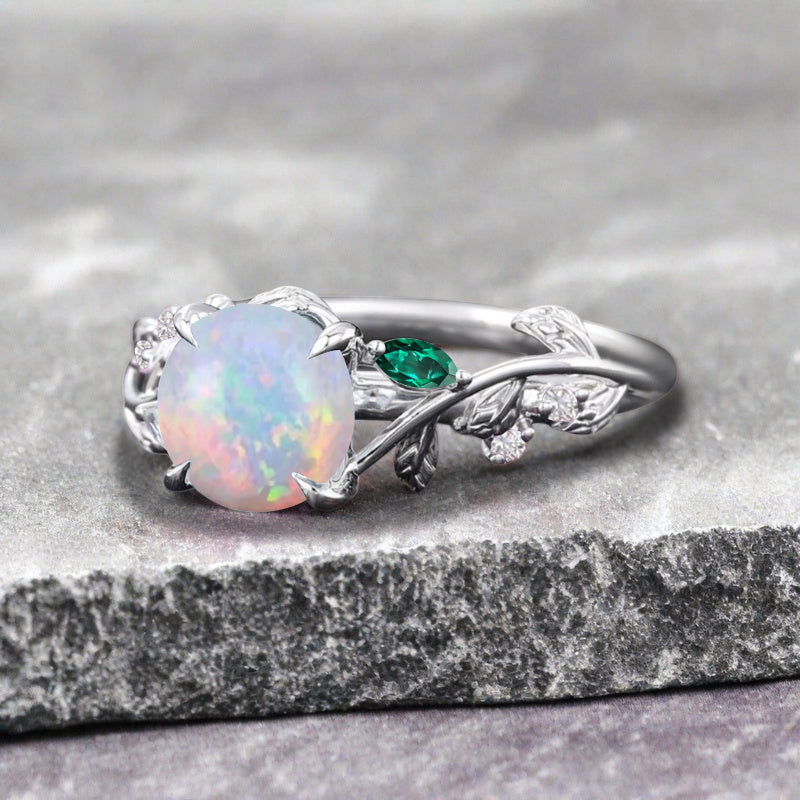 Round cut Pink Opal ring Vintage White gold Leaf engagement ring Marquise cut Emerald ring Nature inspired Twig ring Gift