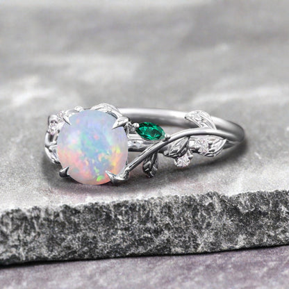 Round cut Pink Opal ring Vintage White gold Leaf engagement ring Marquise cut Emerald ring Nature inspired Twig ring Gift