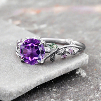 Round cut Purple Amethyst ring Vintage White gold Leaf engagement ring Marquise cut Moss Agate ring Nature inspired Twig ring Gift