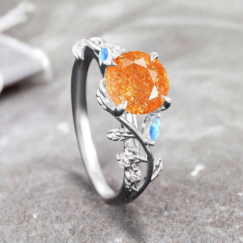 Round cut Orange Sunstone ring Vintage White gold Leaf engagement ring Marquise cut Moonstone ring Nature inspired Twig ring Gift