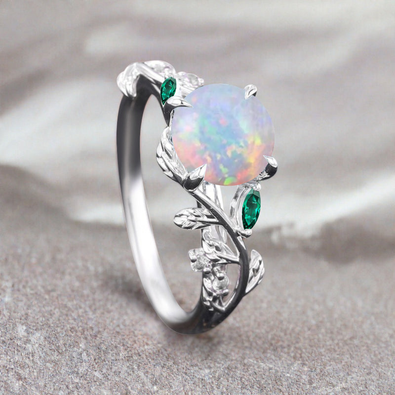 Round cut Pink Opal ring Vintage White gold Leaf engagement ring Marquise cut Emerald ring Nature inspired Twig ring Gift