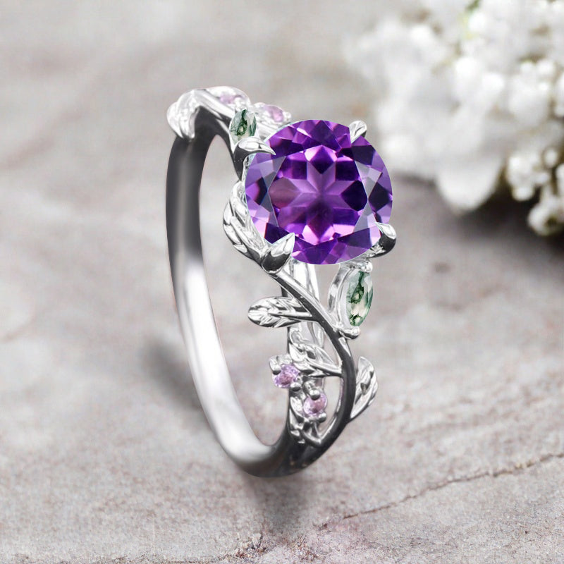 Round cut Purple Amethyst ring Vintage White gold Leaf engagement ring Marquise cut Moss Agate ring Nature inspired Twig ring Gift