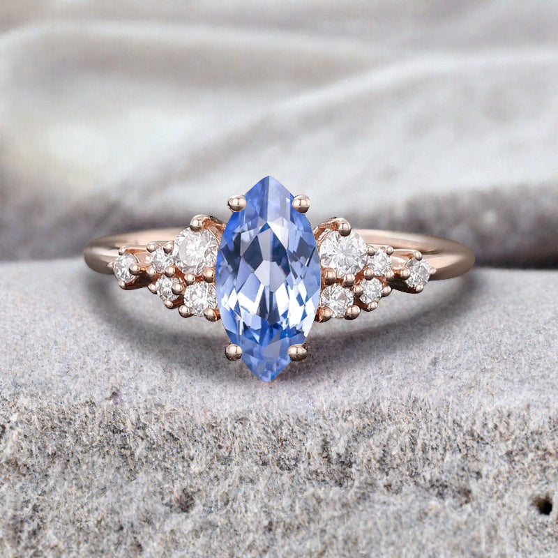 Vintage Marquise Blue Topaz Engagement Ring, Rose Gold Moissanite Cluster Custom Sterling Silver Wedding Ring Promise Ring Gift for her