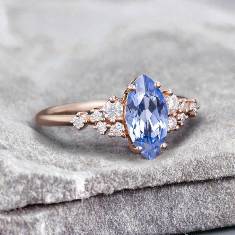 Vintage Marquise Blue Topaz Engagement Ring, Rose Gold Moissanite Cluster Custom Sterling Silver Wedding Ring Promise Ring Gift for her