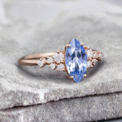 Vintage Marquise Blue Topaz Engagement Ring, Rose Gold Moissanite Cluster Custom Sterling Silver Wedding Ring Promise Ring Gift for her