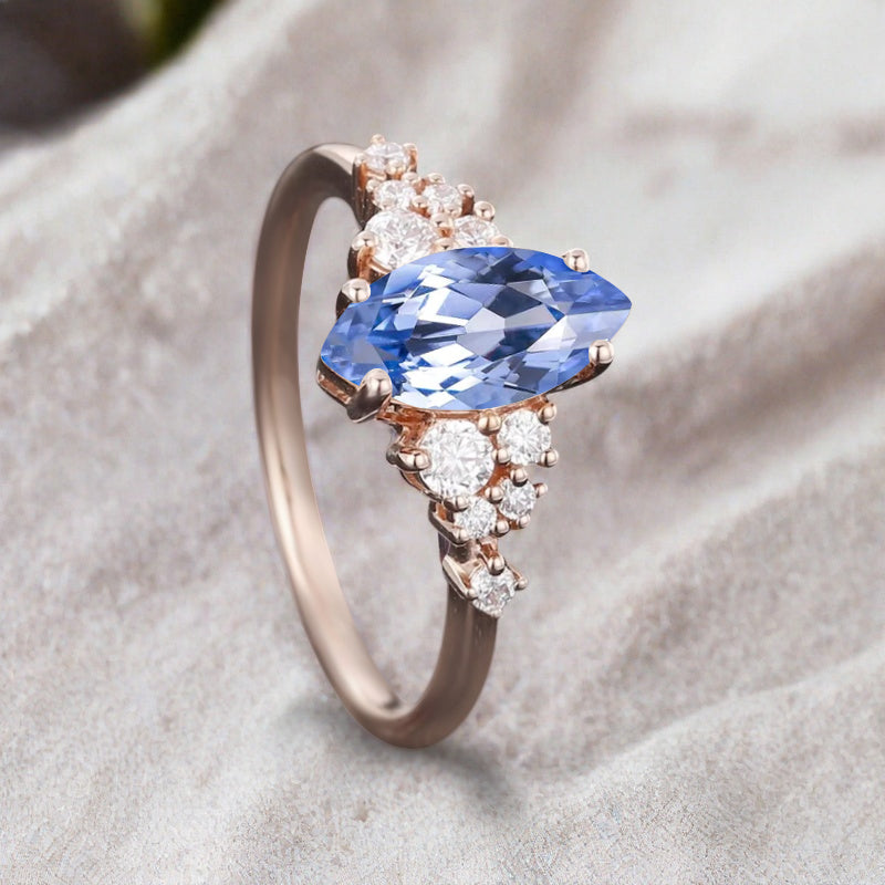 Vintage Marquise Blue Topaz Engagement Ring, Rose Gold Moissanite Cluster Custom Sterling Silver Wedding Ring Promise Ring Gift for her
