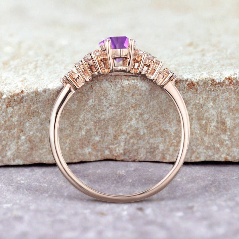 Vintage Marquise Amethyst Engagement Ring, Rose Gold Moissanite Cluster Custom Sterling Silver Wedding Ring Promise Ring Gift for her
