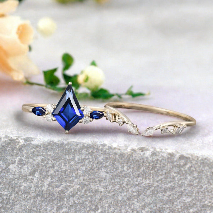 Kite cut blue topaz ring set rose gold 6 prong art deco unique engagement ring set women dainty diamond ring set Personalized anniversary gift