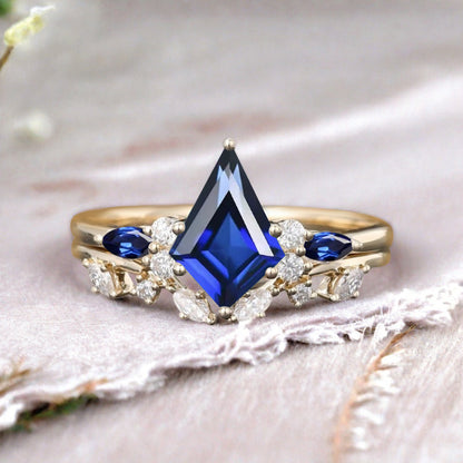 Kite cut blue topaz ring set rose gold 6 prong art deco unique engagement ring set women dainty diamond ring set Personalized anniversary gift