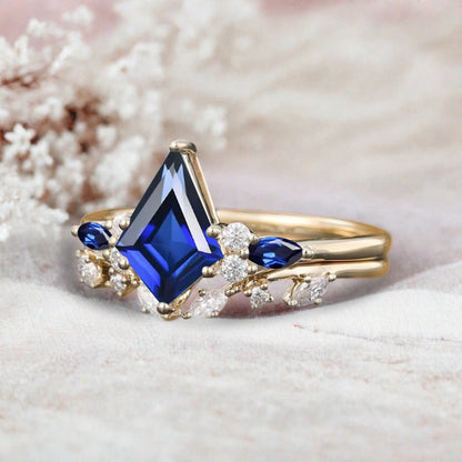 Kite cut blue topaz ring set rose gold 6 prong art deco unique engagement ring set women dainty diamond ring set Personalized anniversary gift