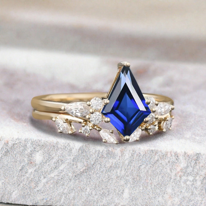 Kite cut blue topaz ring set rose gold 6 prong art deco unique engagement ring set women dainty diamond ring set Personalized anniversary gift
