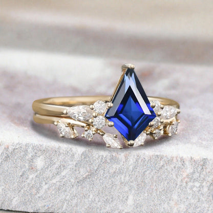Kite cut blue topaz ring set rose gold 6 prong art deco unique engagement ring set women dainty diamond ring set Personalized anniversary gift
