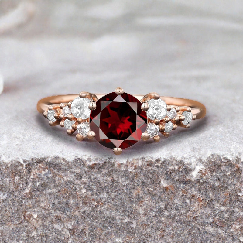 Vintage Ruby Engagement Ring, Unique Cluster Bridal Ring, Round Moissanite Ring, Rose Gold Birthstone Wedding Ring,Promise Anniversary Ring