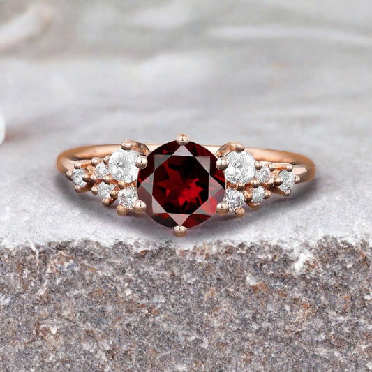 Vintage Ruby Engagement Ring, Unique Cluster Bridal Ring, Round Moissanite Ring, Rose Gold Birthstone Wedding Ring,Promise Anniversary Ring