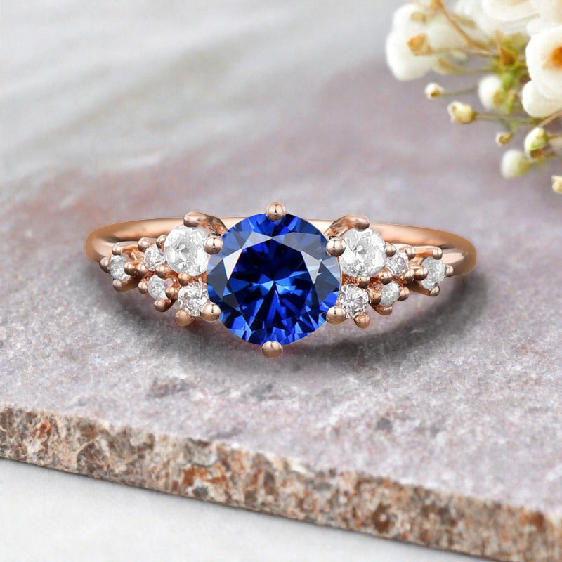 Vintage Blue Topaz Engagement Ring, Unique Cluster Bridal Ring, Round Moissanite Ring, Rose Gold Birthstone Wedding Ring,Promise Anniversary Ring