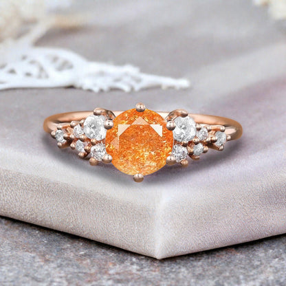 Vintage Sunstone Engagement Ring, Unique Cluster Bridal Ring, Round Moissanite Ring, Rose Gold Birthstone Wedding Ring,Promise Anniversary Ring