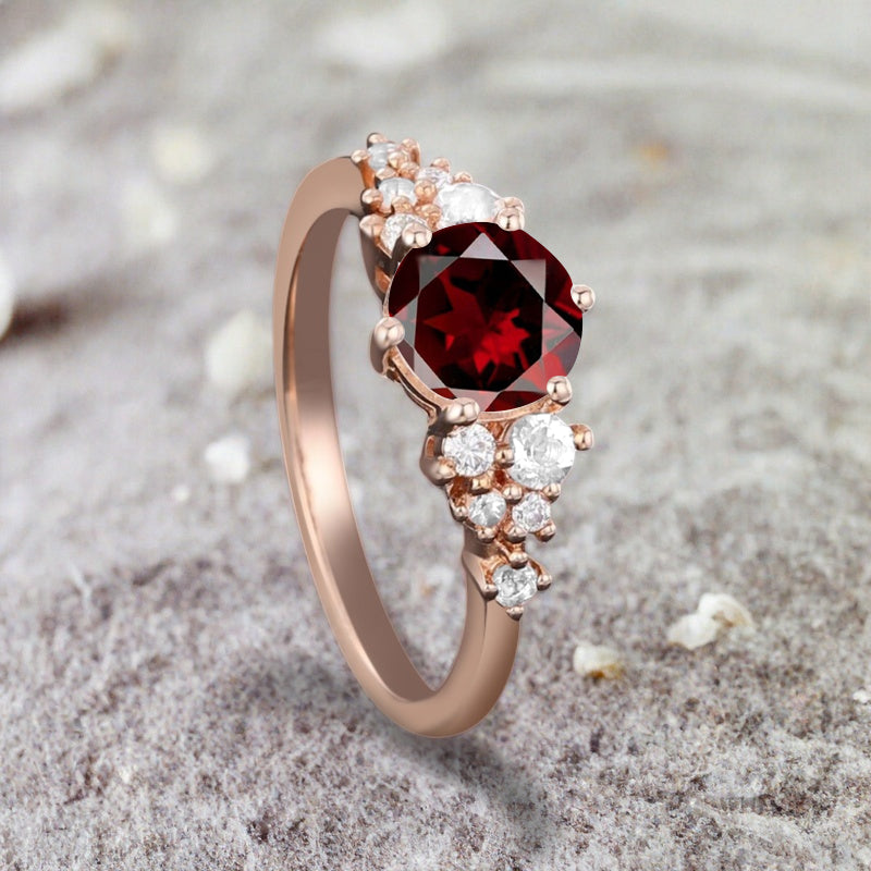Vintage Ruby Engagement Ring, Unique Cluster Bridal Ring, Round Moissanite Ring, Rose Gold Birthstone Wedding Ring,Promise Anniversary Ring