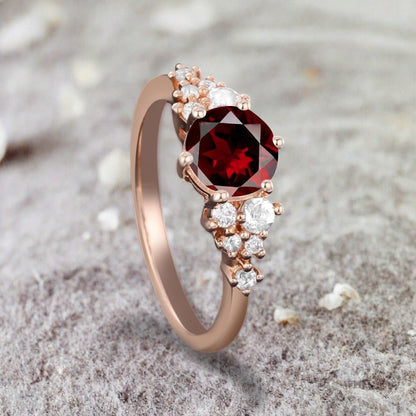 Vintage Ruby Engagement Ring, Unique Cluster Bridal Ring, Round Moissanite Ring, Rose Gold Birthstone Wedding Ring,Promise Anniversary Ring