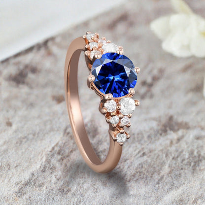 Vintage Blue Topaz Engagement Ring, Unique Cluster Bridal Ring, Round Moissanite Ring, Rose Gold Birthstone Wedding Ring,Promise Anniversary Ring