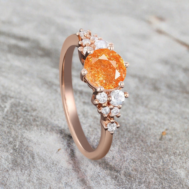 Vintage Sunstone Engagement Ring, Unique Cluster Bridal Ring, Round Moissanite Ring, Rose Gold Birthstone Wedding Ring,Promise Anniversary Ring