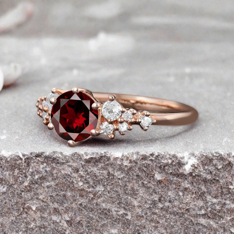 Vintage Ruby Engagement Ring, Unique Cluster Bridal Ring, Round Moissanite Ring, Rose Gold Birthstone Wedding Ring,Promise Anniversary Ring