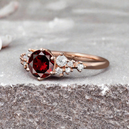 Vintage Ruby Engagement Ring, Unique Cluster Bridal Ring, Round Moissanite Ring, Rose Gold Birthstone Wedding Ring,Promise Anniversary Ring