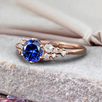 Vintage Blue Topaz Engagement Ring, Unique Cluster Bridal Ring, Round Moissanite Ring, Rose Gold Birthstone Wedding Ring,Promise Anniversary Ring