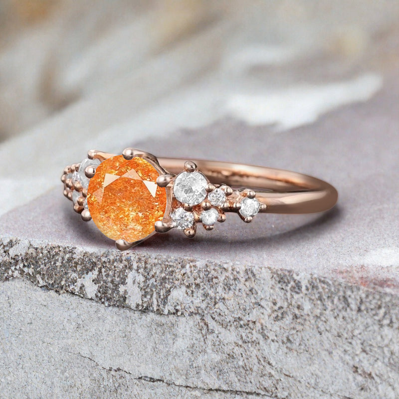 Vintage Sunstone Engagement Ring, Unique Cluster Bridal Ring, Round Moissanite Ring, Rose Gold Birthstone Wedding Ring,Promise Anniversary Ring