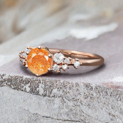 Vintage Sunstone Engagement Ring, Unique Cluster Bridal Ring, Round Moissanite Ring, Rose Gold Birthstone Wedding Ring,Promise Anniversary Ring