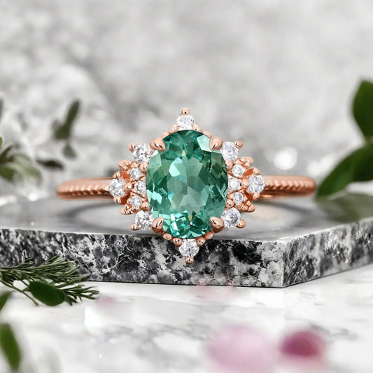 Oval Halo Tsavorite Engagement Ring Moissanite Cluster Ring Floral Tsavorite Ring Sunburst Ring Solid Gold Ring Vintage Anniversary Ring