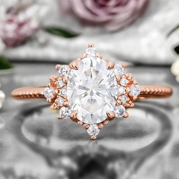 Oval Halo Moissanite Engagement Ring Moissanite Cluster Ring Floral Moissanite Ring Sunburst Ring Solid Gold Ring Vintage Anniversary Ring