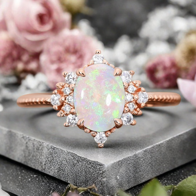 Oval Halo Opal Engagement Ring Moissanite Cluster Ring Floral Opal Ring Sunburst Ring Solid Gold Ring Vintage Anniversary Ring