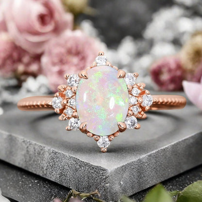 Oval Halo Opal Engagement Ring Moissanite Cluster Ring Floral Opal Ring Sunburst Ring Solid Gold Ring Vintage Anniversary Ring