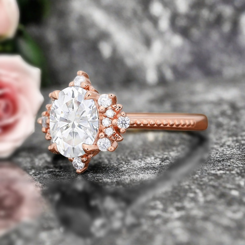 Oval Halo Moissanite Engagement Ring Moissanite Cluster Ring Floral Moissanite Ring Sunburst Ring Solid Gold Ring Vintage Anniversary Ring