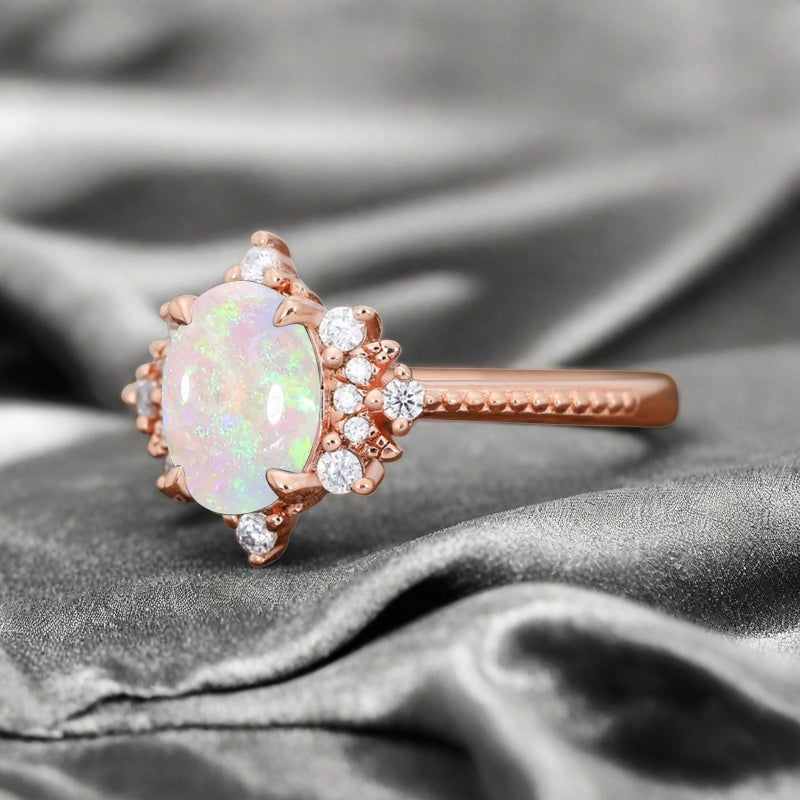 Oval Halo Opal Engagement Ring Moissanite Cluster Ring Floral Opal Ring Sunburst Ring Solid Gold Ring Vintage Anniversary Ring